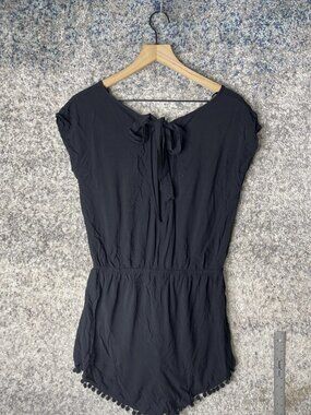 Anthropologie Romper Womens Medium Short Sleeve Pom Pom Tie Back Boho Rayon